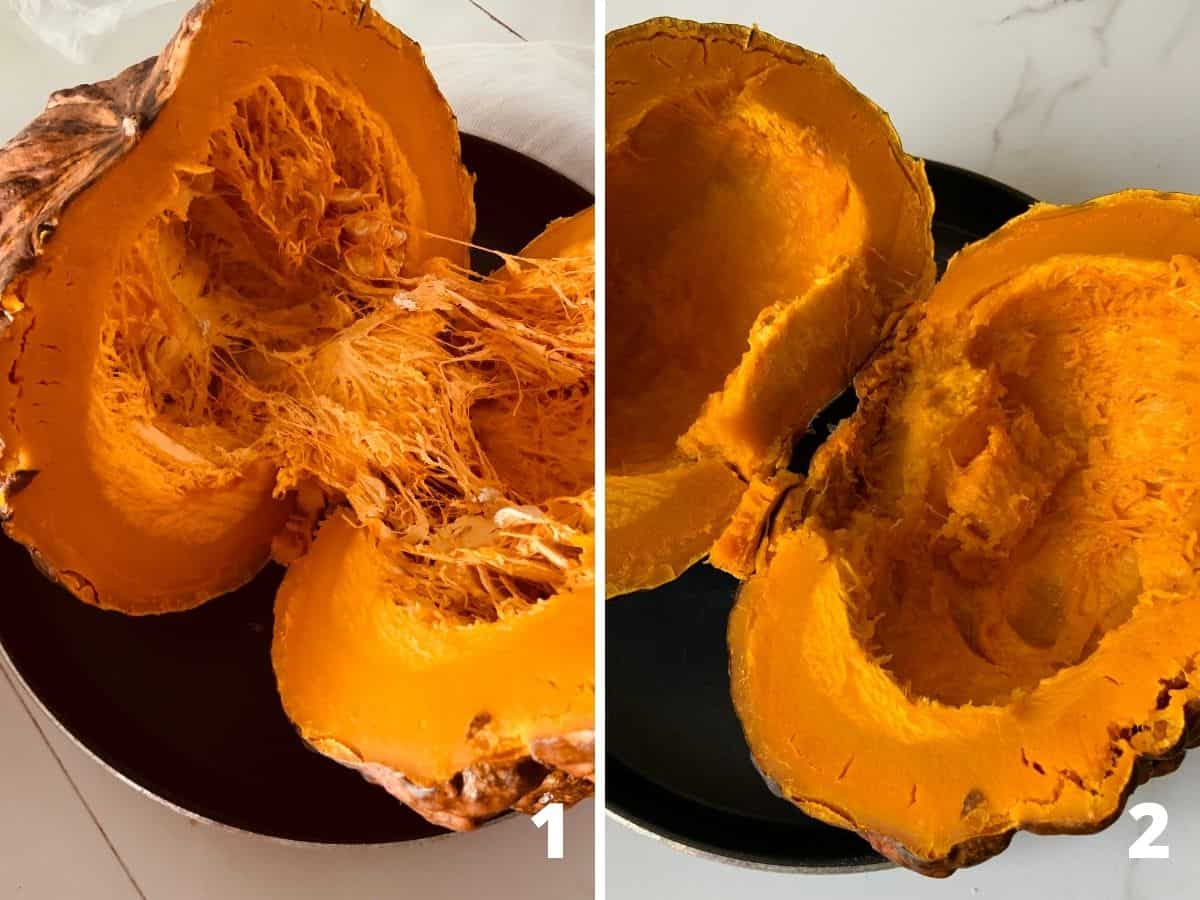 Two image collage showing whole baked pumpkin in half, with and without seeds