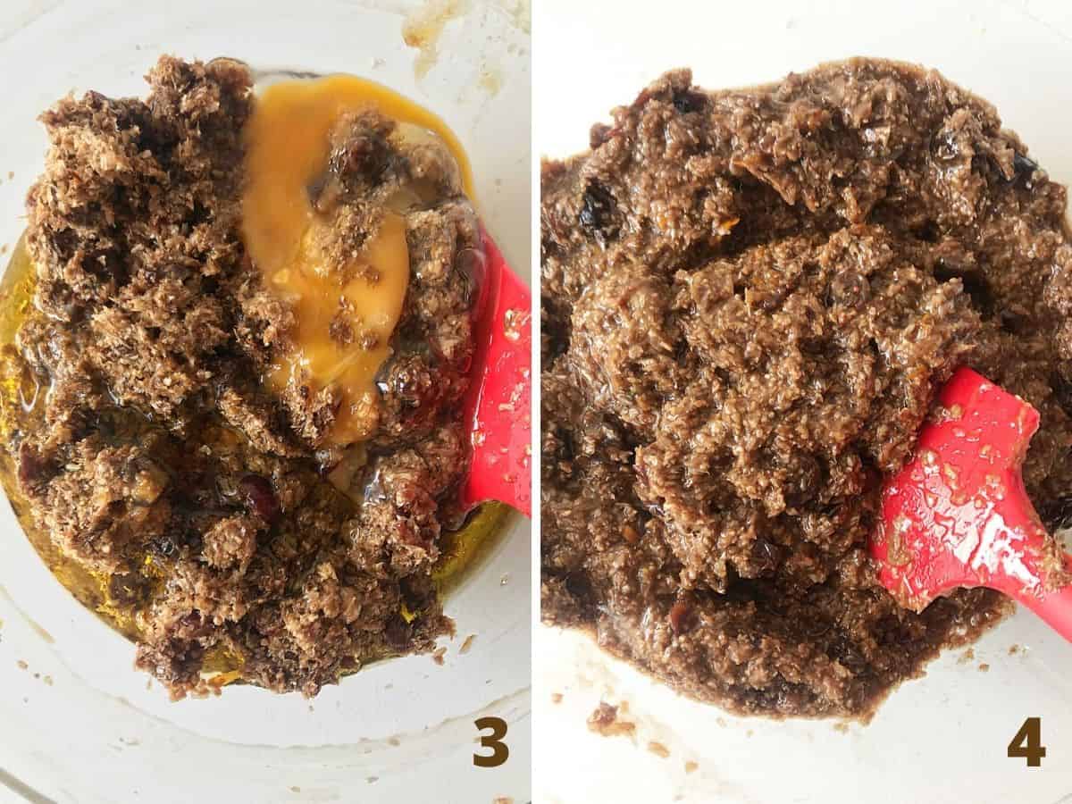 Two image collage mixing raisin bran orange muffin batter in glass bowl with red spatula