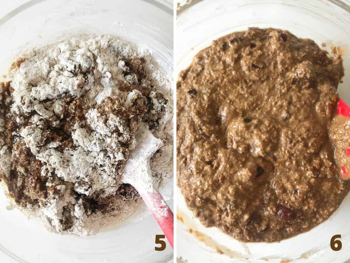 Collage showing bran muffin batter in glass bowl before and after adding flour