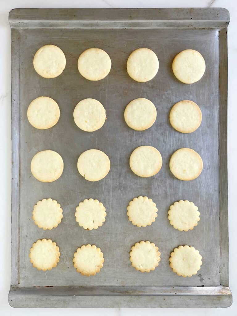 Metal pan with baked shortbread cookies. Top view.