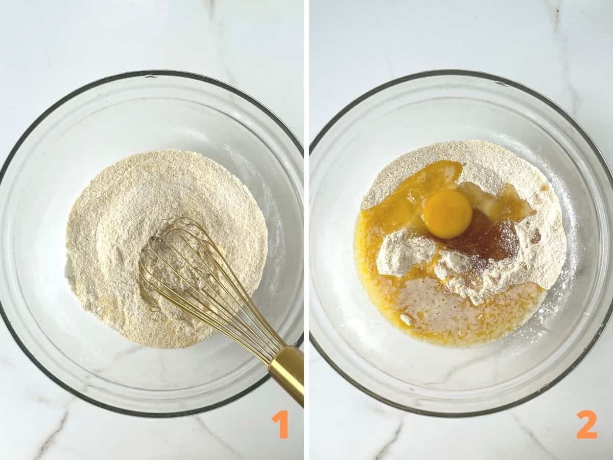 Collage showing dry ingredients for cornbread muffins in glass bowl and after adding wet ingredients