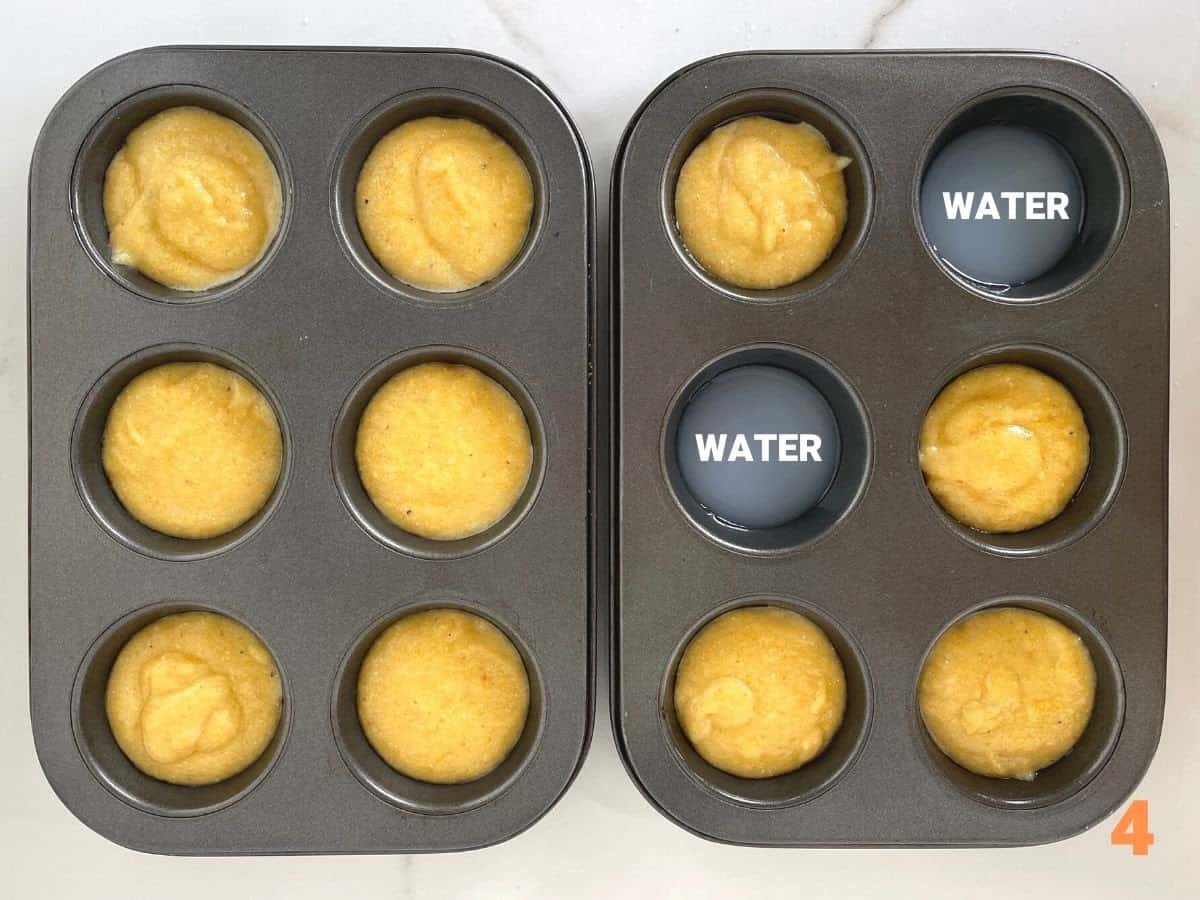 Metal muffin pans with unbaked cornbread batter on white surface
