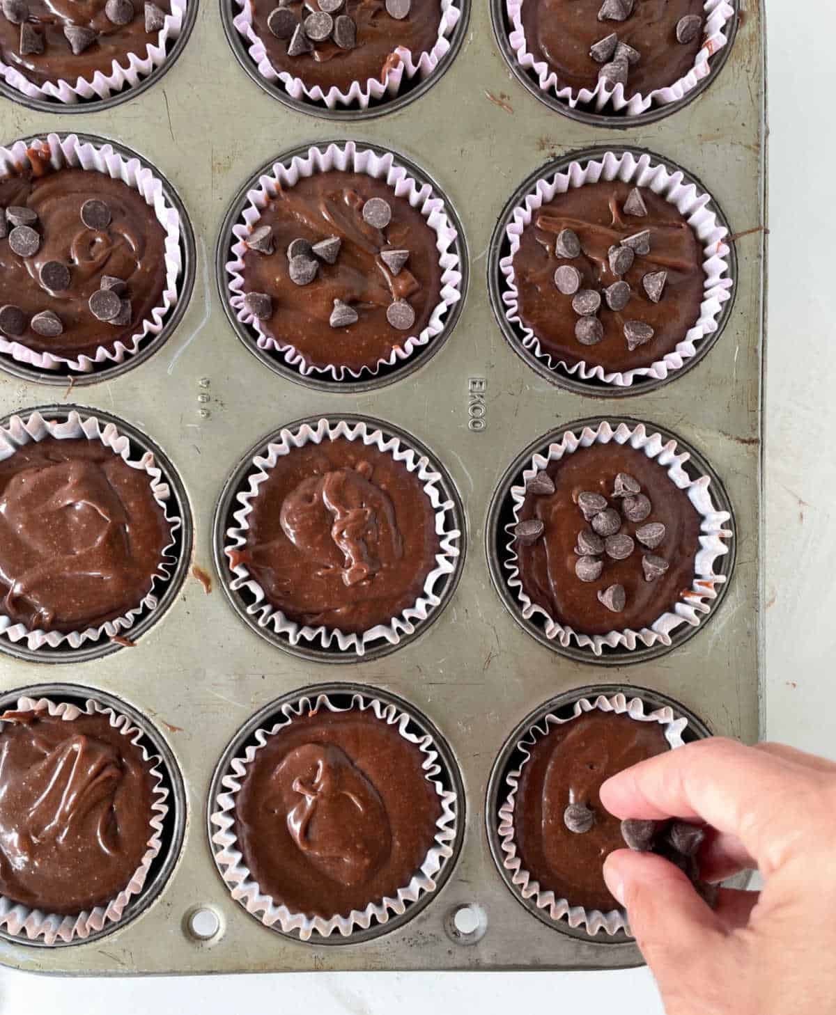 Adding chocolate chips to chocolate muffins in paper liners in muffin pan
