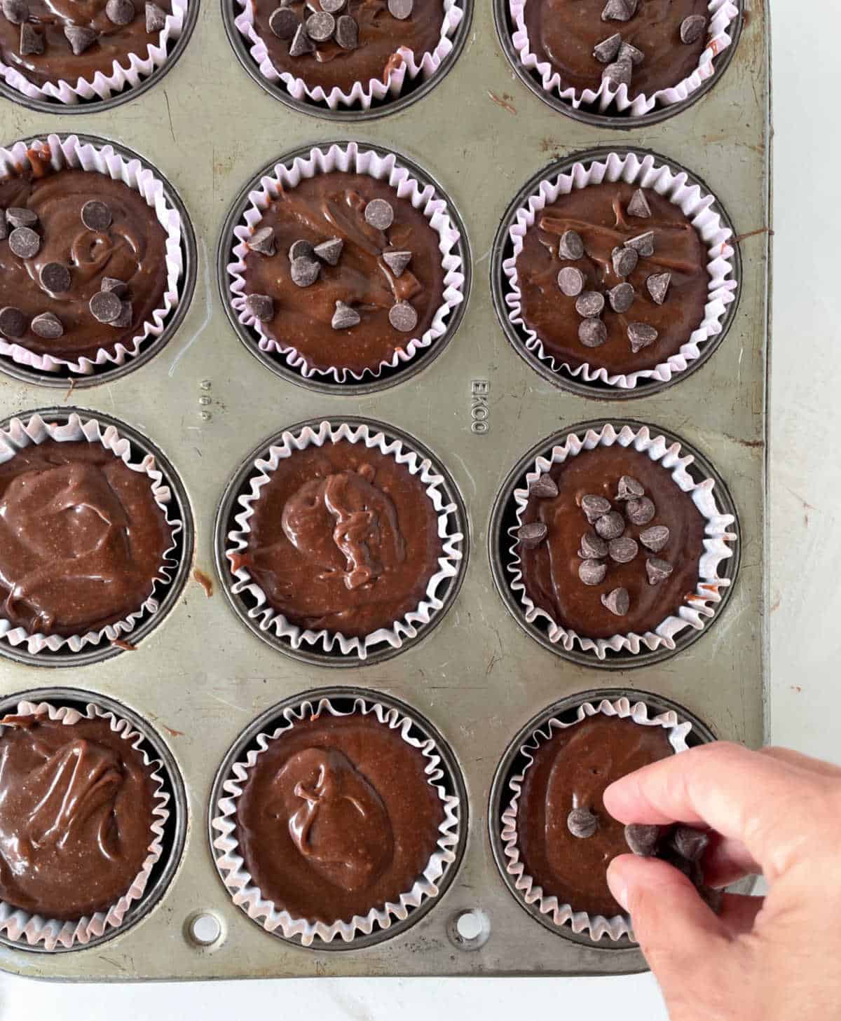 Adding chocolate chips to chocolate muffins in paper liners in muffin pan.