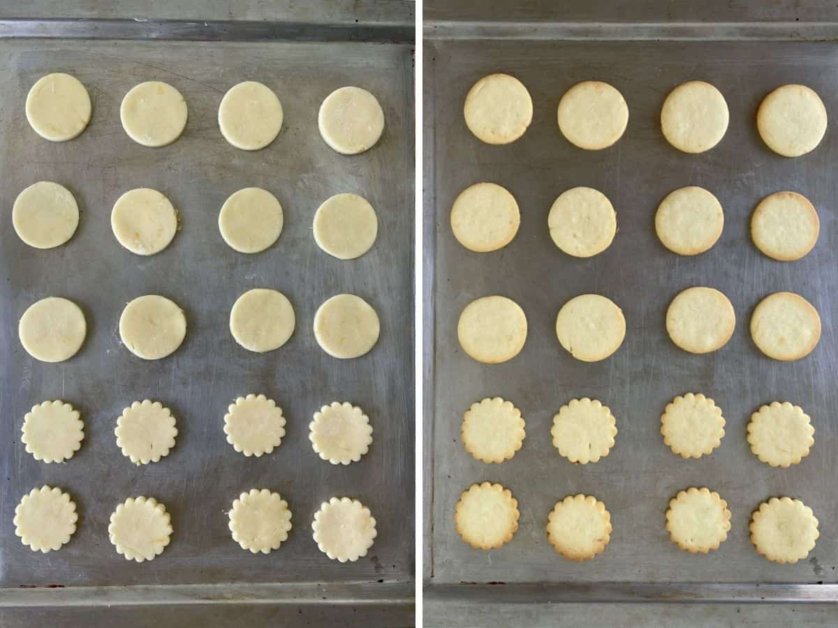 Overview of metal baking sheet with unbaked and baked cookies