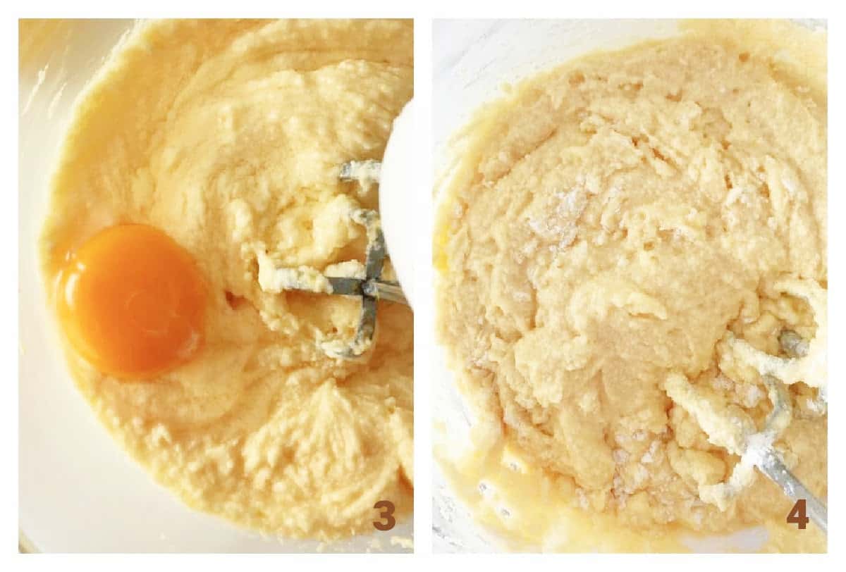 Collage showing the mixing of lemon cake batter: adding eggs and dry ingredients