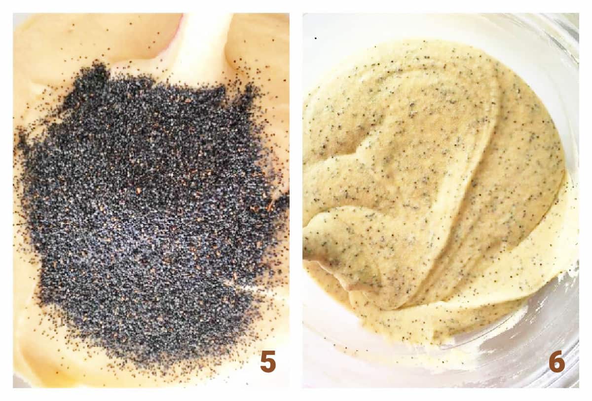Adding poppy seeds to cake batter, mixing the batter; image collage