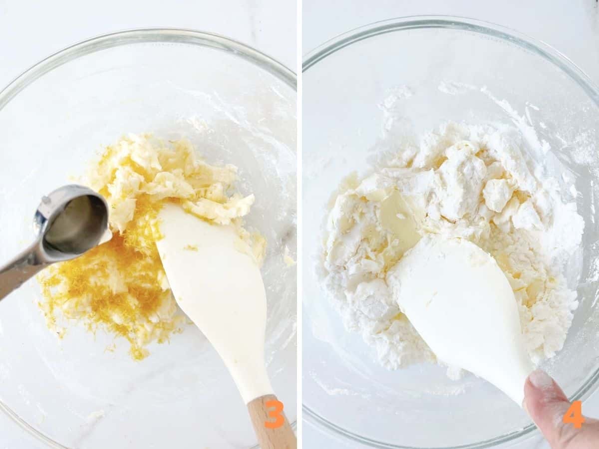 White surface showing lemon added to butter in glass bowl and mixing flour into it.
