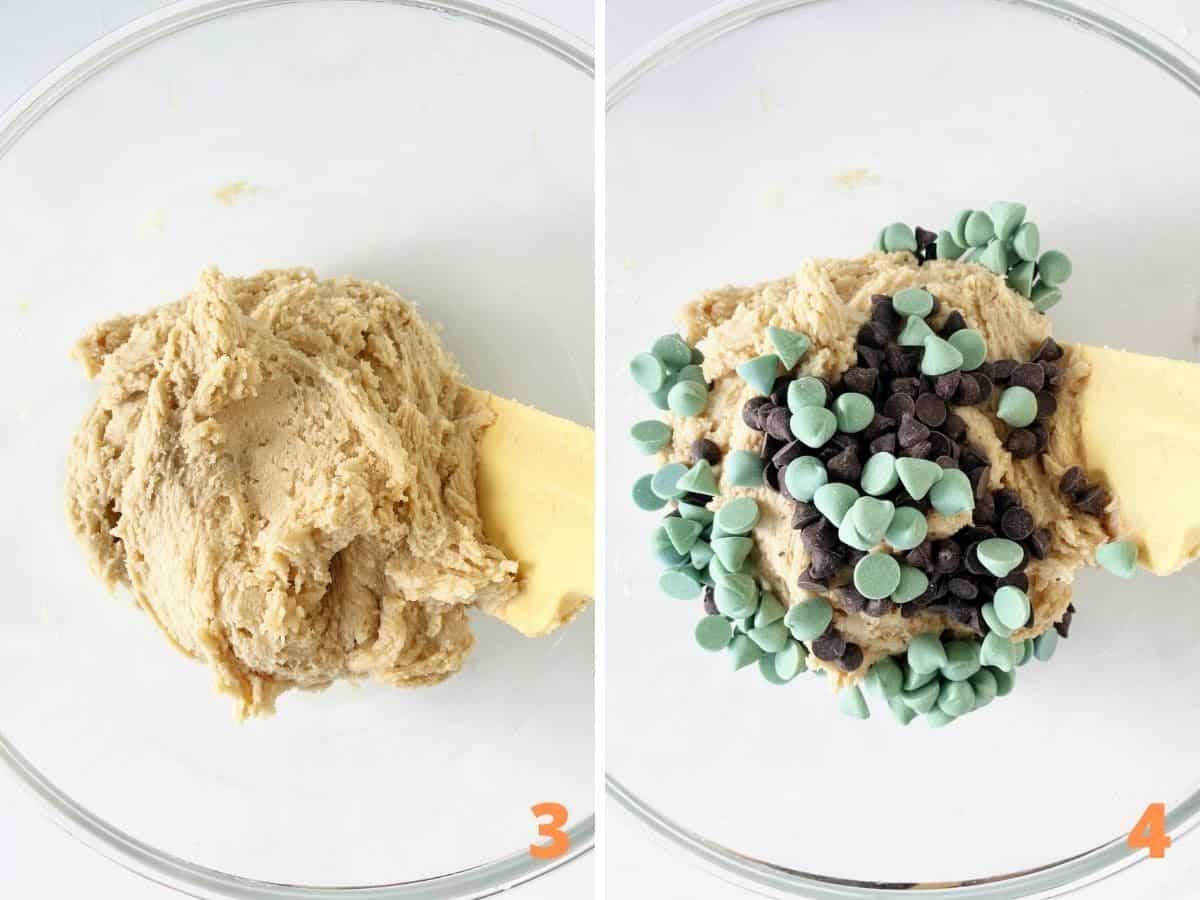 A collage showing cookie dough in glass bowl, and with added chocolate and mint chips, yellow spatula