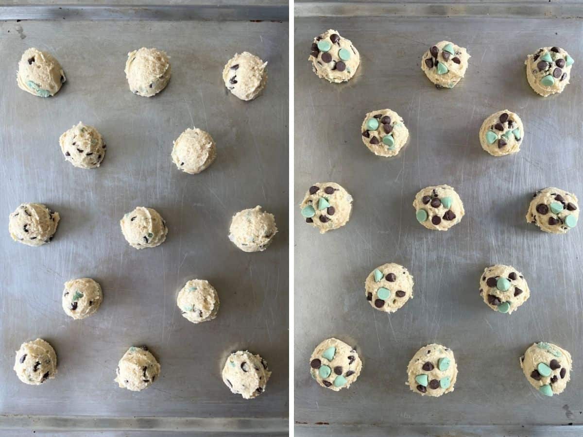 Metal cookie sheets with unbaked mint chocolate chip cookies