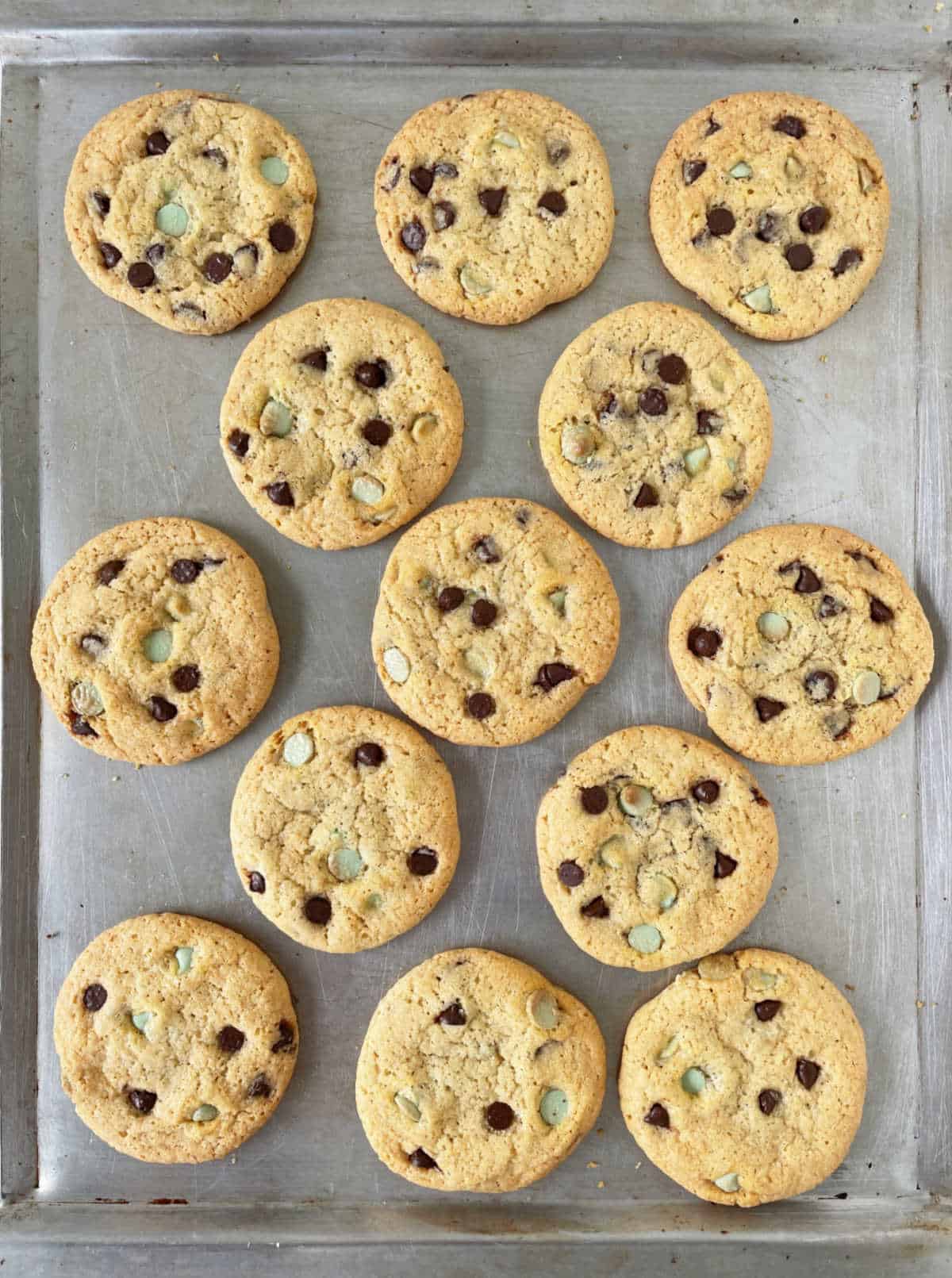 Baked mint chocolate chip cookies on metal cookie sheet, top view.