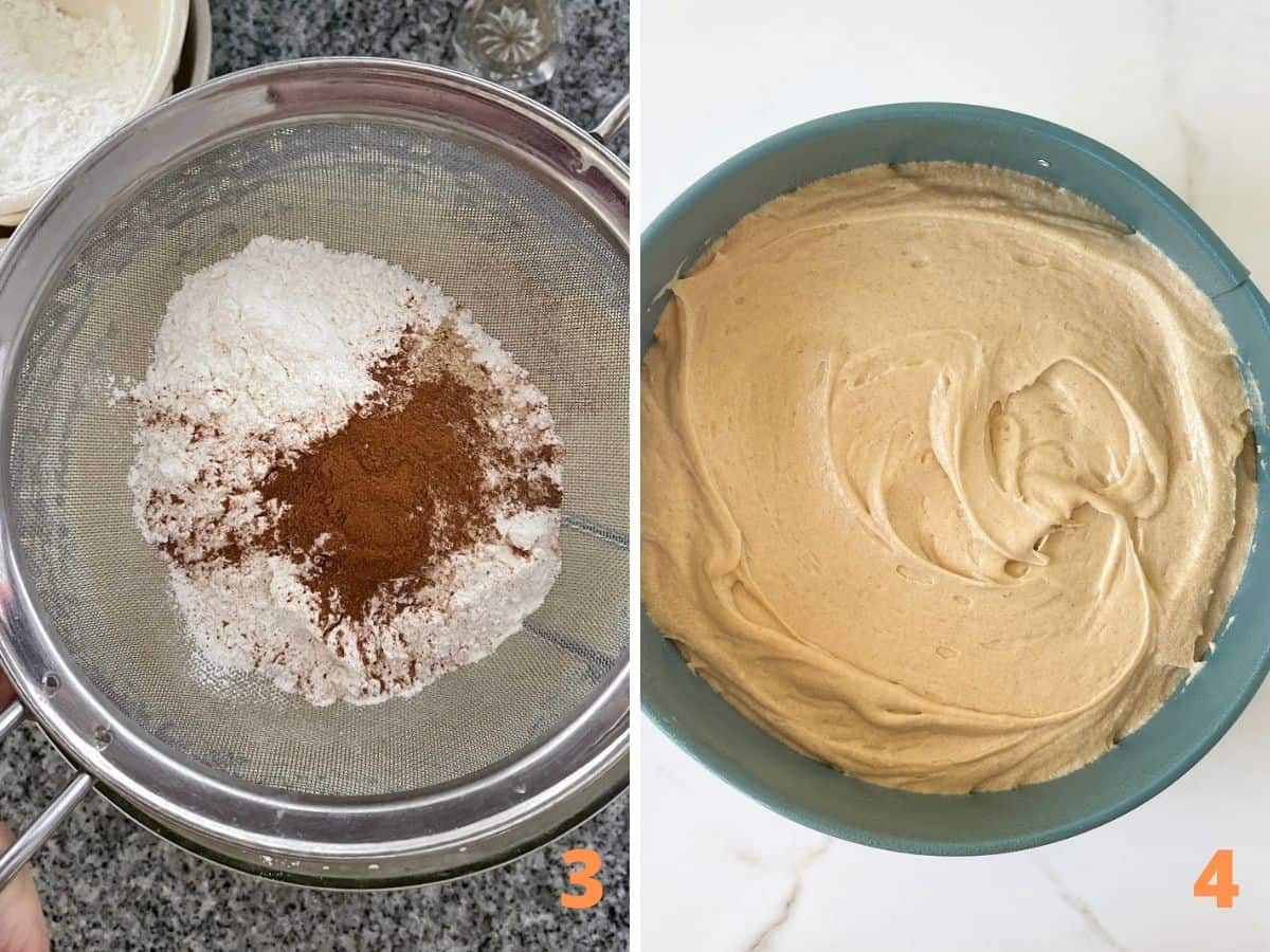 Sifting flour and spices with metal sifter, round cake pan with batter on white surface