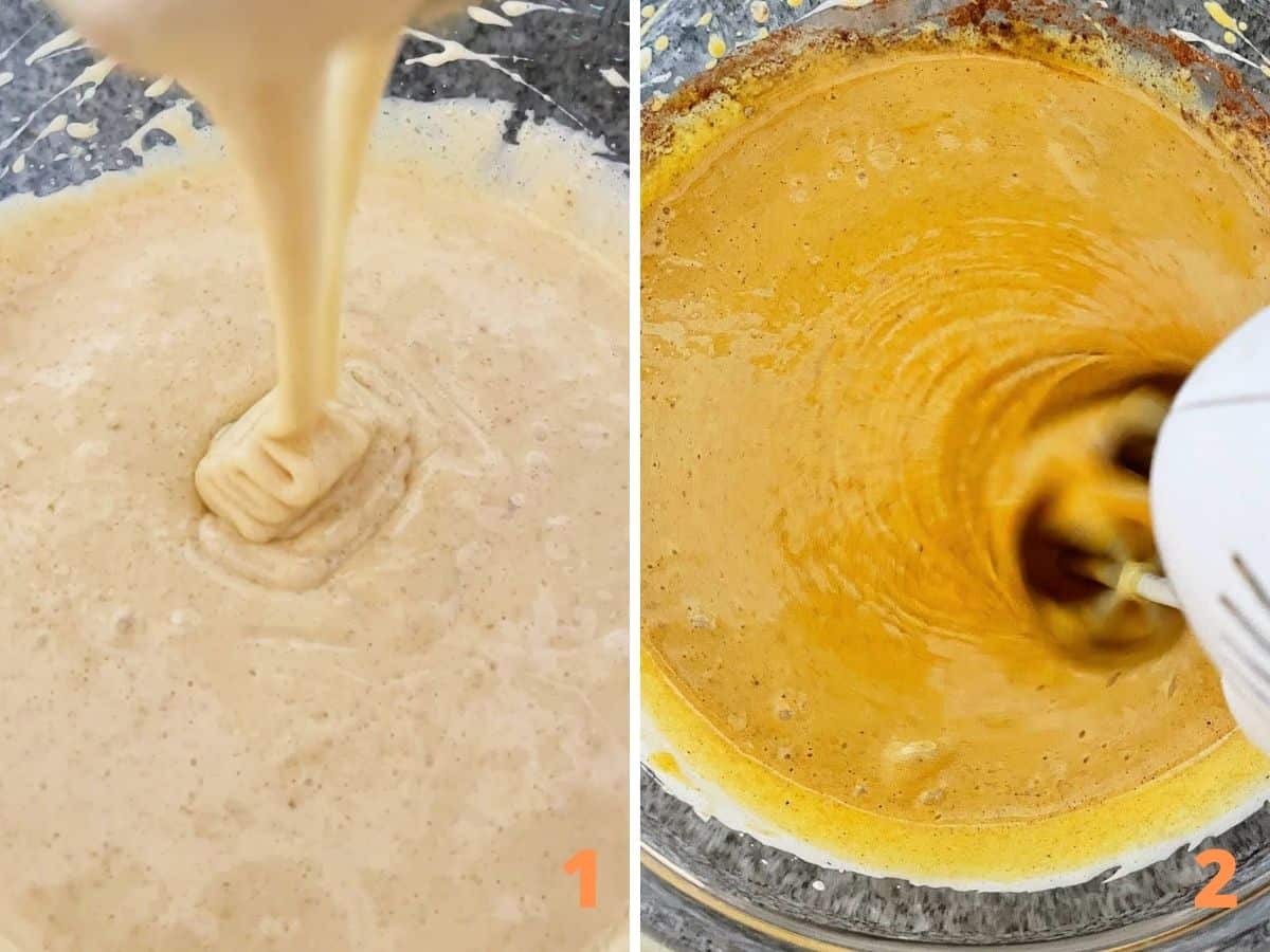 Two image collage showing cake batter before and after adding pumpkin puree