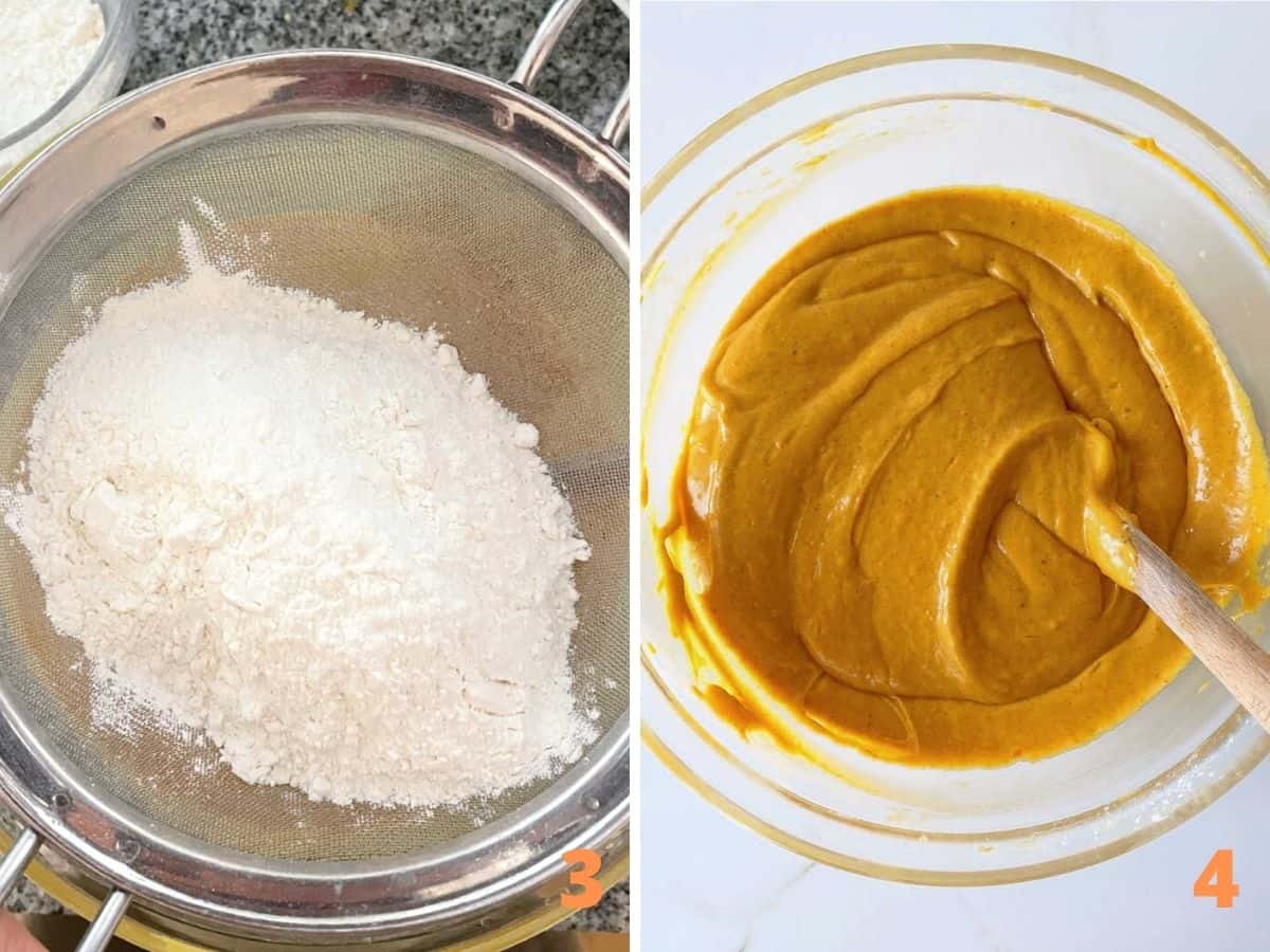Sifter with flour mixture and pumpkin cake batter in glass bowl with spatula