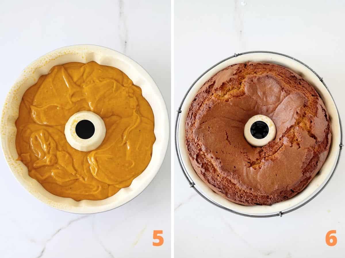 Top view of bundt pan with unbaked and baked cake on a white surface