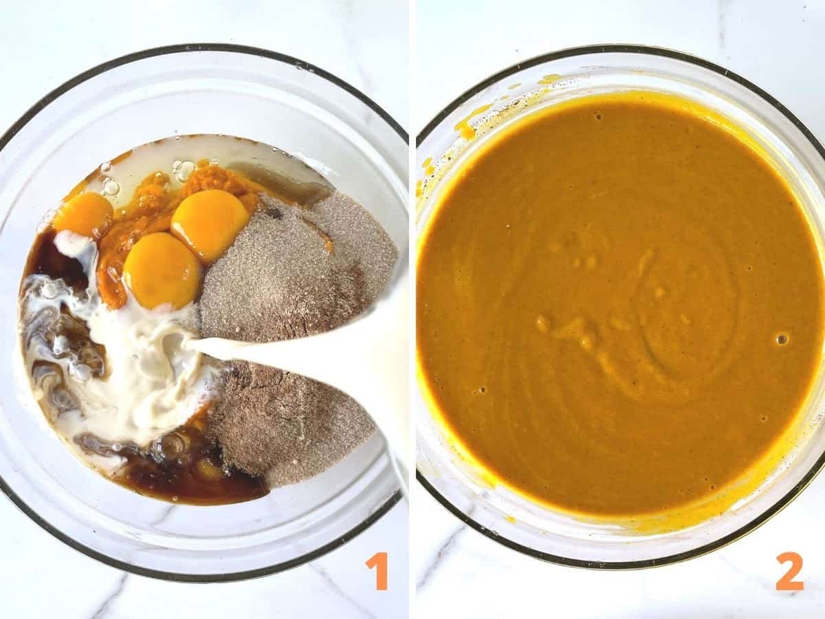Collage showing glass bowl with ingredients for pumpkin cake before and after mixing them; white surface