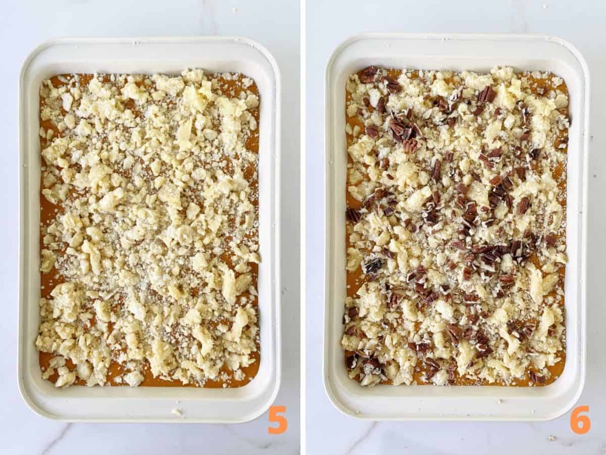White surface with rectangular pan showing unbaked pumpkin dump cake with and without pecans on top