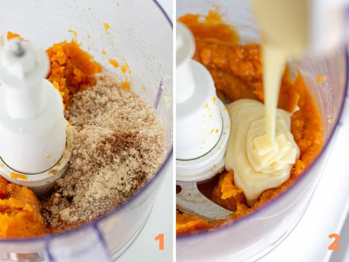 Collage of food processor with sweet potato puree, sugar and spices; and adding condensed milk