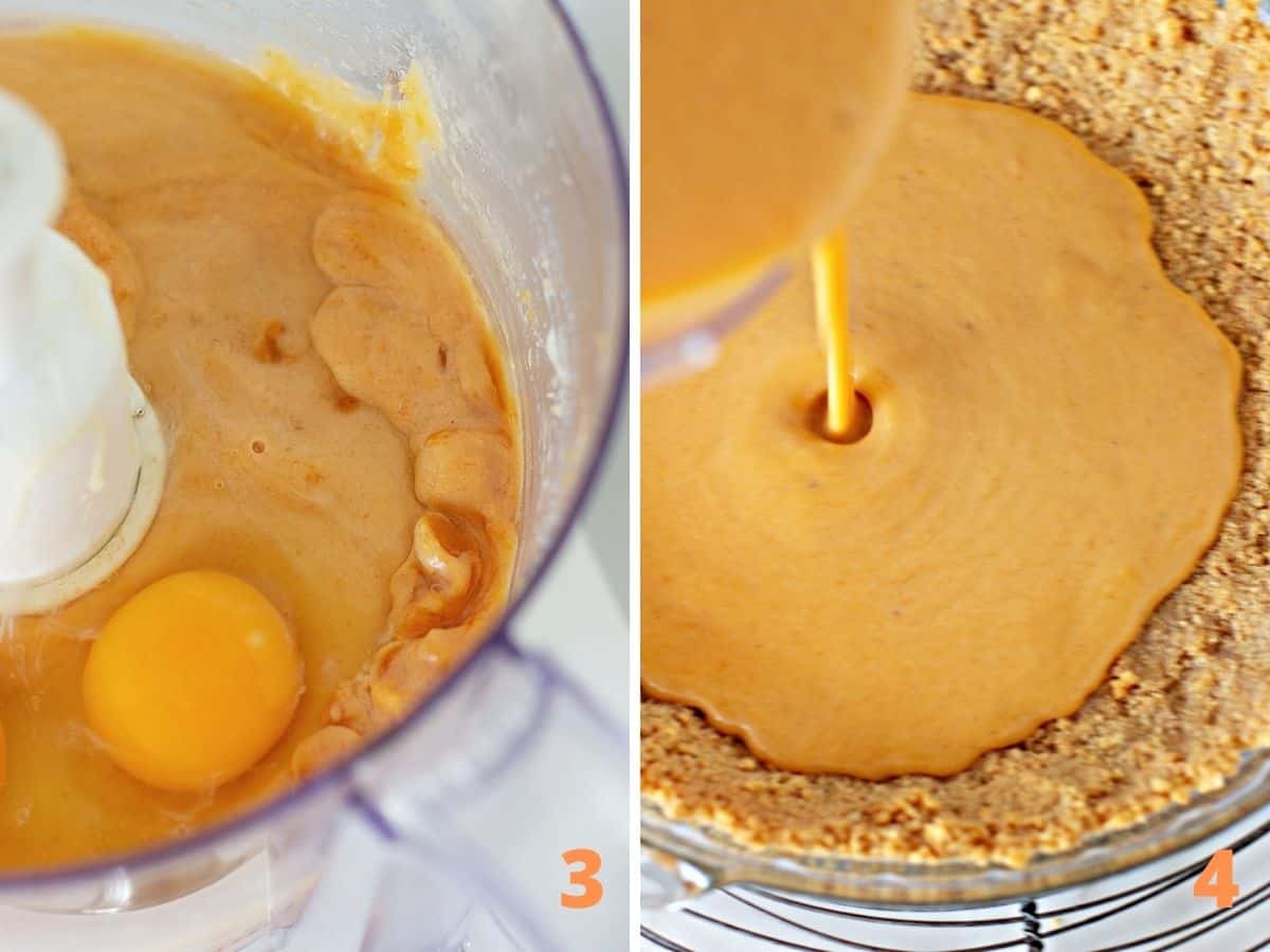 A food processor with eggs and sweet potato pie batter; adding batter to cookie crust