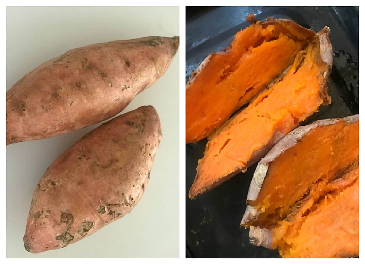 Sweet potatoes, raw and baked, image collage