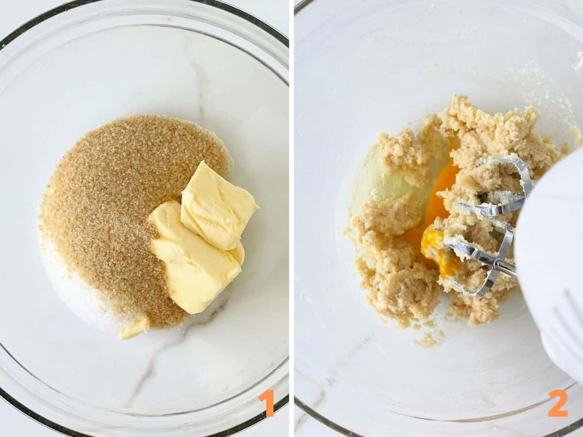 Collage with glass bowl containing brown sugar and butter, adding egg to the cookie dough.