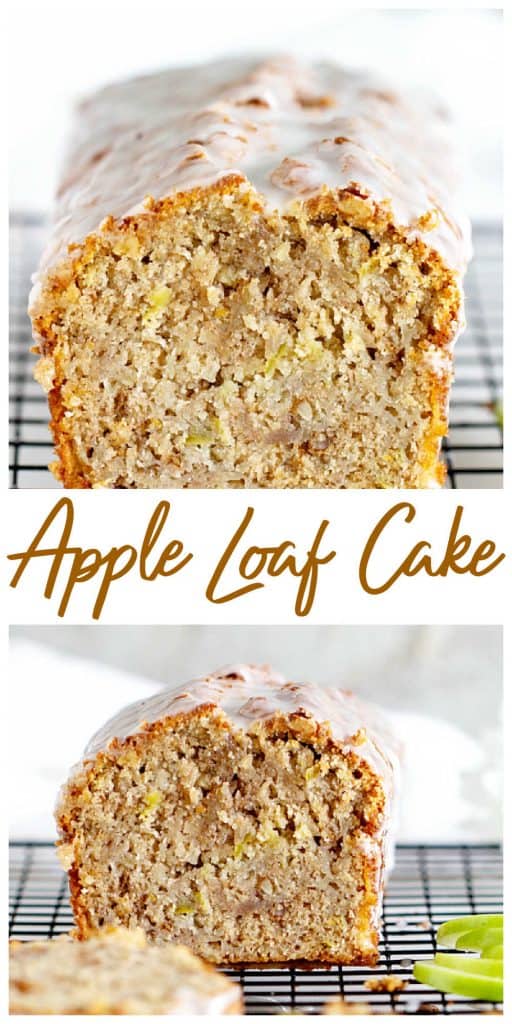 Two image collage with gold text overlay of apple loaf cake on a black wire rack.