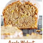 Close up of cut glazed apple loaf cake on a black wire rack with brown text overlay.