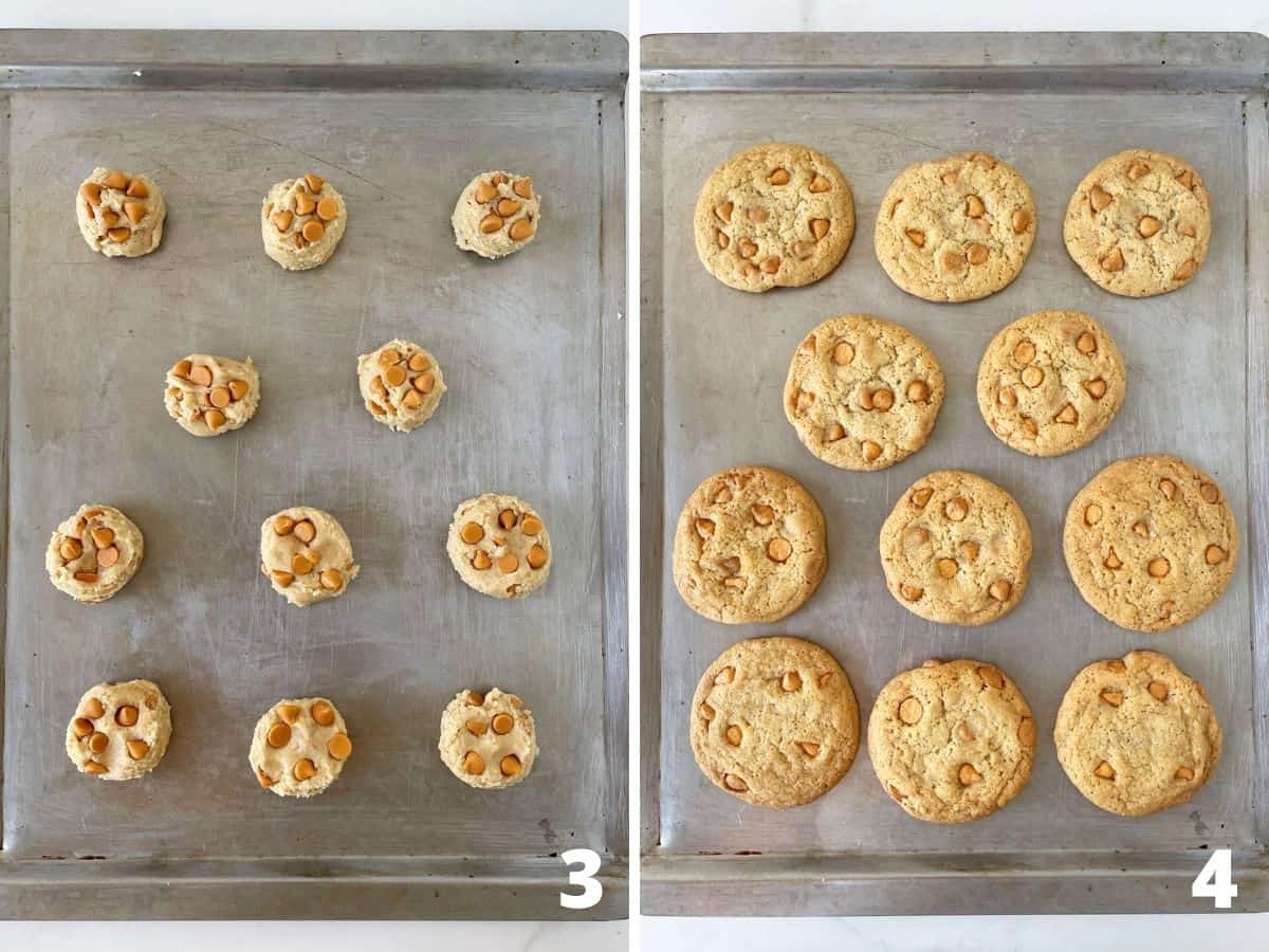Top view of images with metal cookie sheet and unbaked and baked butterscotch cookies