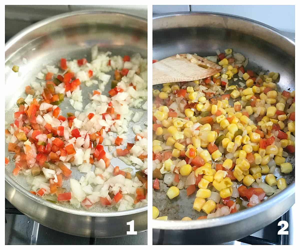Jalapeño Cornbread process collage showing metal pan with diced ingredients