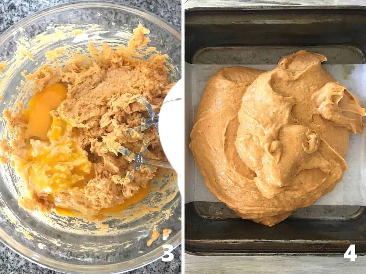 Adding eggs to pumpkin cake mixture, and the batter in a metal pan; a collage