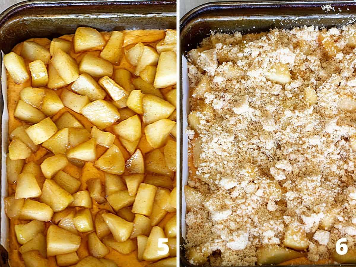 Partial views of collage showing unbaked apple pumpkin cake with and without crumble topping