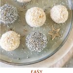 Grey plate with silver and white chocolate truffles, brown text overlay