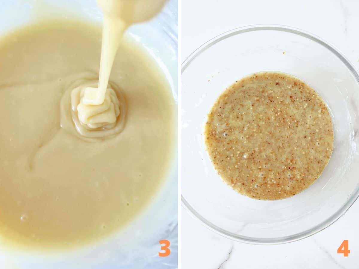 White chocolate mixture dripping from whisk, glass bowl with truffle mixture; a collage