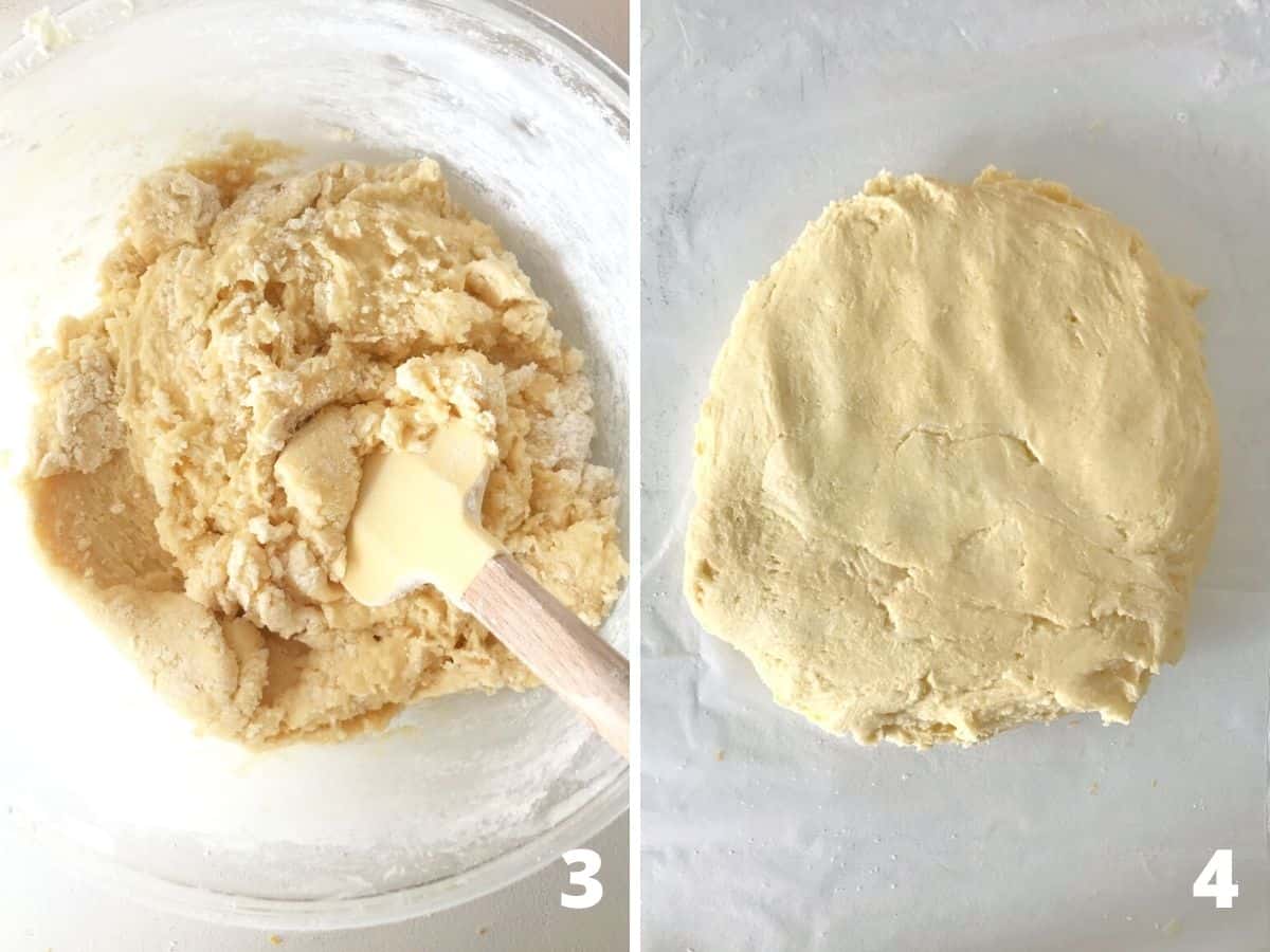Mixing cookie dough with spatula, and dough ready to wrap; a collage