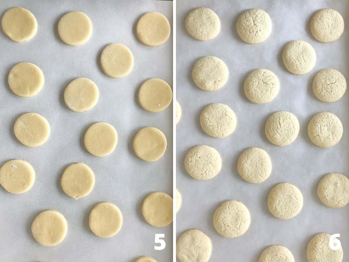 Unbaked and baked cookie rounds on parchment paper