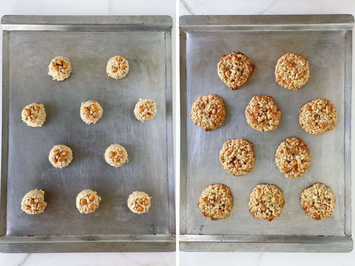 Collage showing metal pan with unbaked and baked butterscotch oatmeal cookies