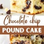 Brown and white text overlay on two images of chocolate chip cake squares.