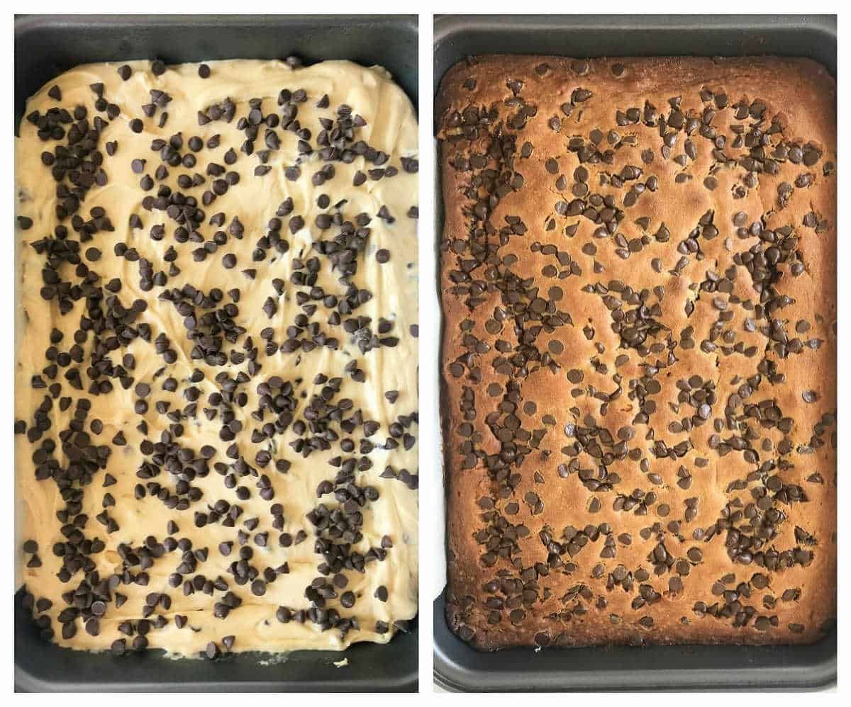 Image collage of vanilla cake with chocolate chips, unbaked in metal pan and baked