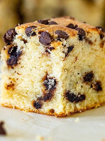 Single square of vanilla cake with chocolate chips on a white surface.