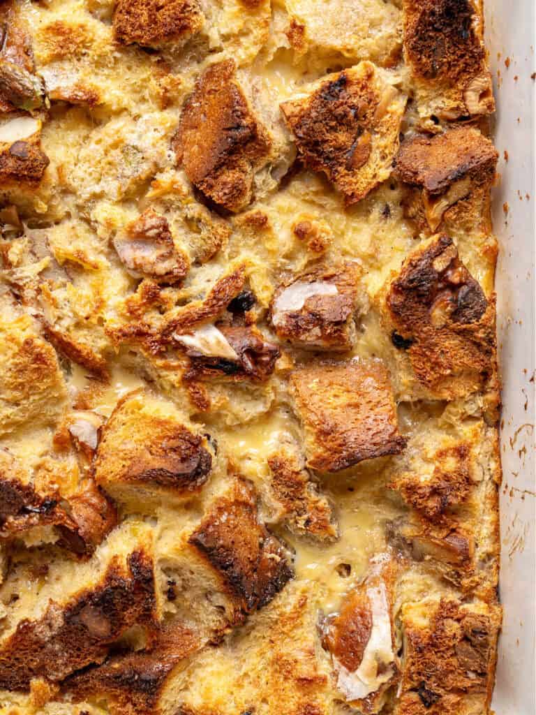 Golden panettone bread pudding. Close up image.