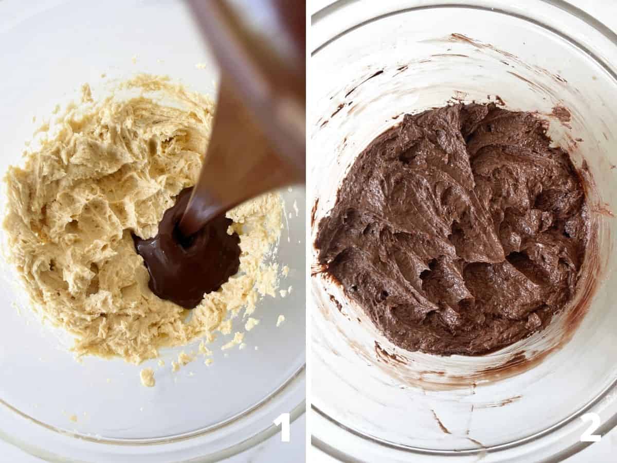 Adding melted chocolate to cookie dough on glass bowl, and final batter; a collage