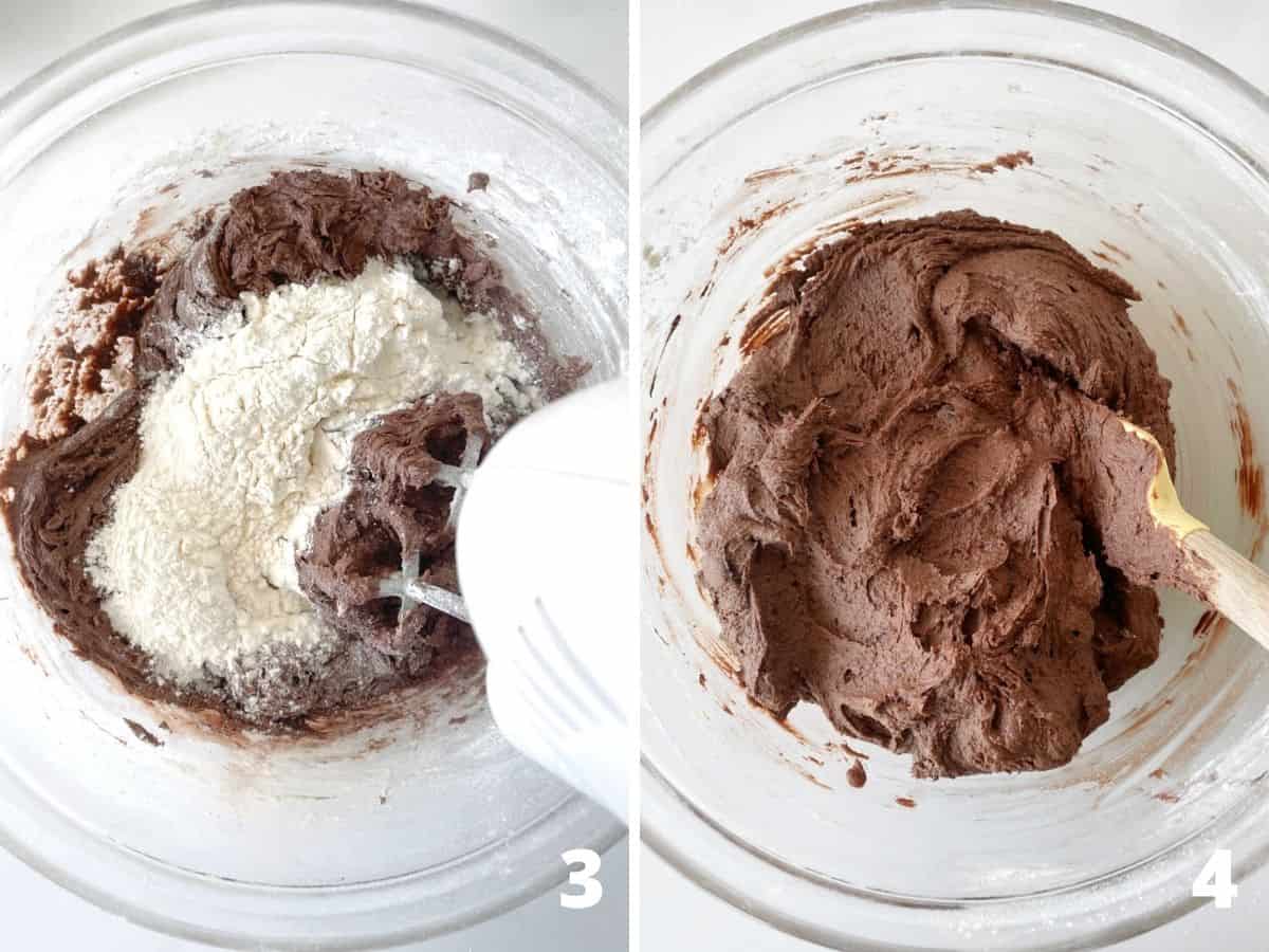 Flour added to chocolate cookie dough in glass bowl and batter after mixing; a collage