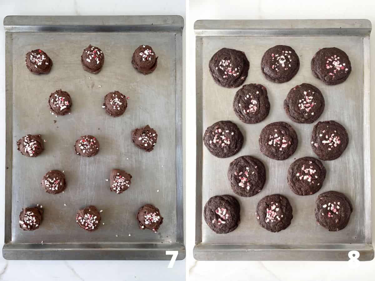 Unbaked and baked peppermint chocolate cookies on metal baking sheets; a collage