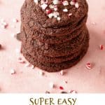 Pink background with stack of chocolate peppermint cookies; green brown text overlay