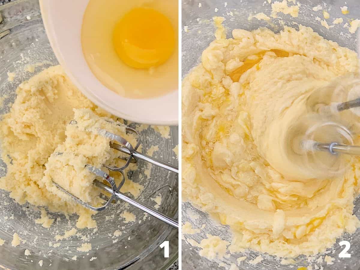 Adding eggs to butter sugar mixture in glass bowl and beating it; a collage