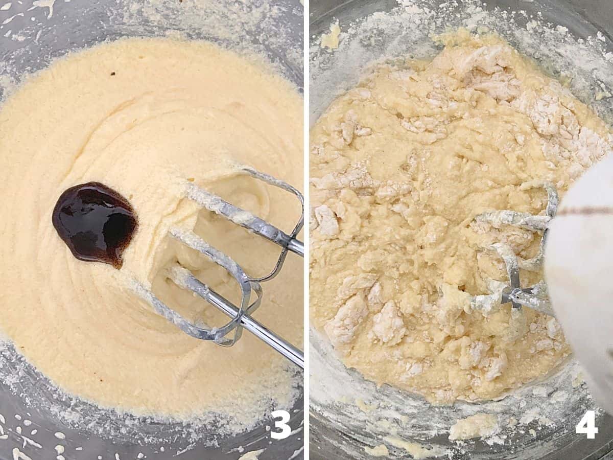 Cake batter in glass bowl with vanilla and after adding flour, electric mixer in it; a collage
