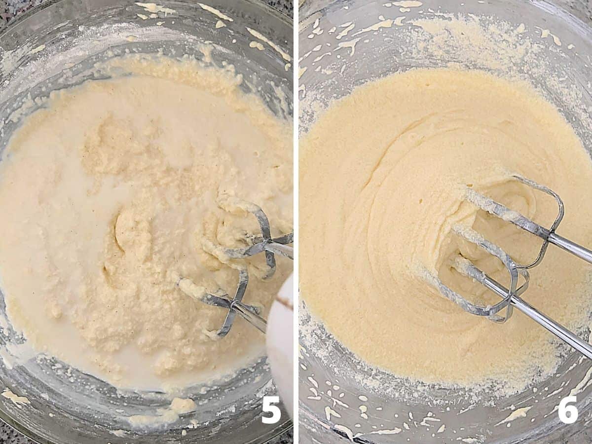 Milk added to vanilla cake batter on grey surface, after beating it; a collage