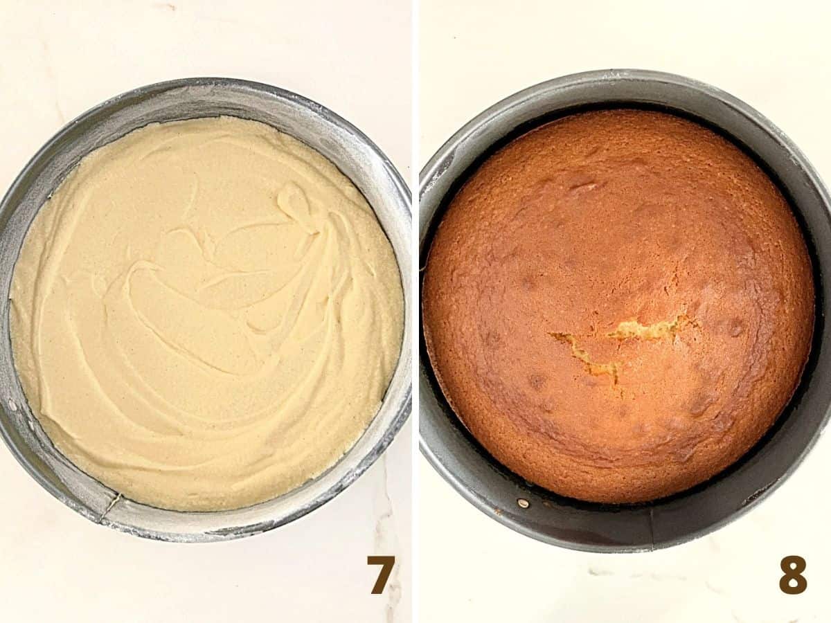 Collage showing unbaked vanilla cake batter in round pan, and after it's baked, white surface.