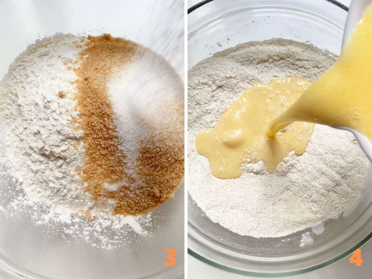 Collage showing flour and sugars in glass bowl and adding wet ingredients