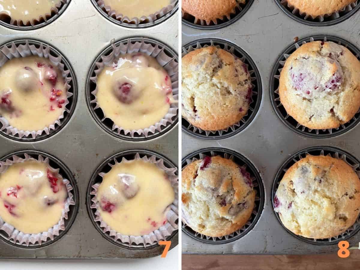 Two image collage showing unbaked and baked raspberry muffins in metal pan